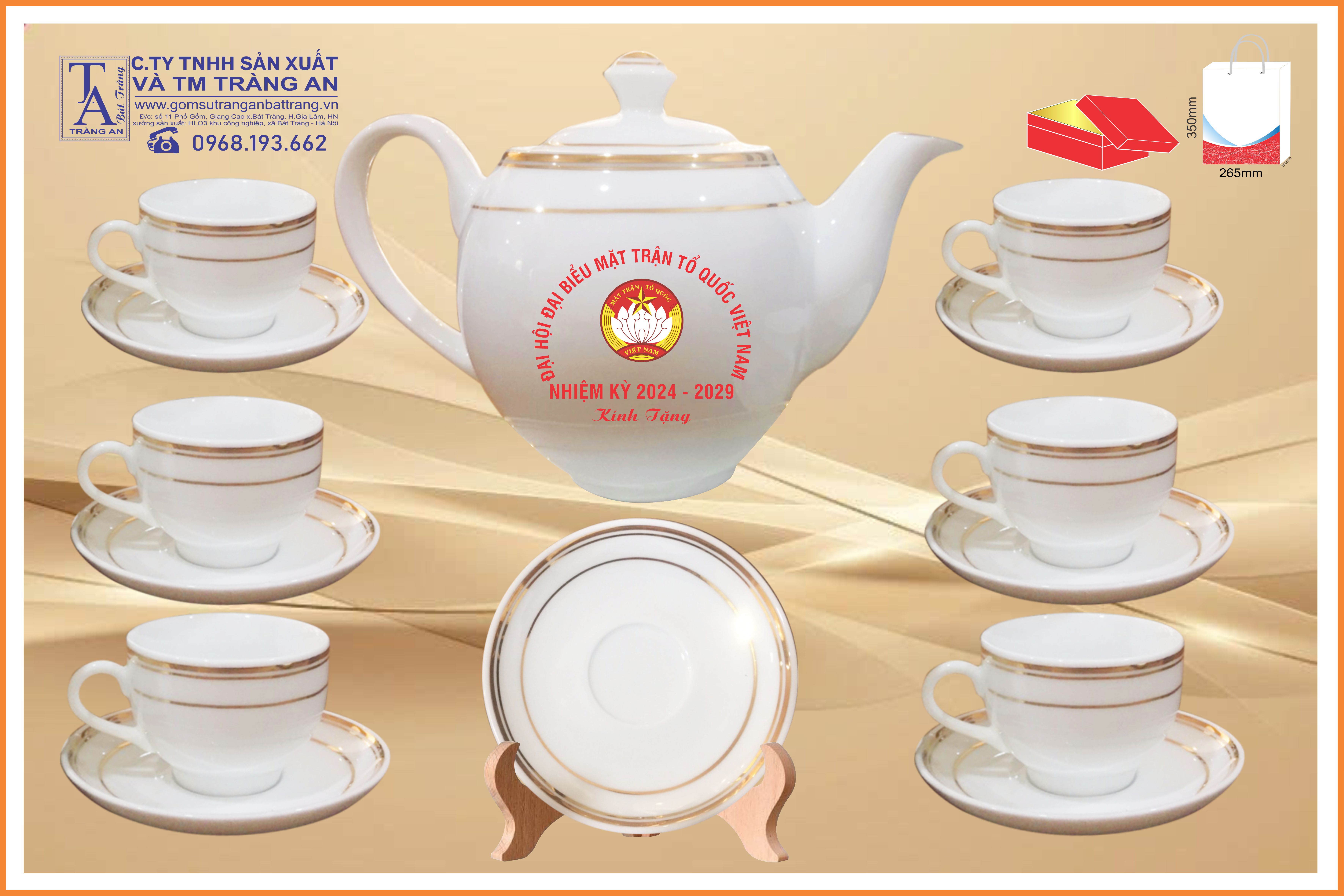 Bộ ấm chén minh long trắng , kẻ chỉ vàng kim 24 k